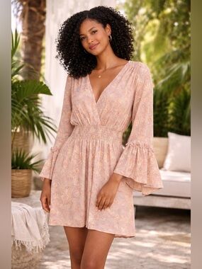 161. Dress Forum Pink Paisley V-Neck Smocked Mini Dress